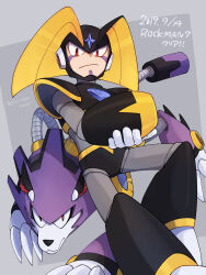 Rule 34 | 1boy, arm cannon, bass (mega man), claws, commentary request, dated, english text, frown, full body, helmet, highres, kinusaya endow, leaning back, looking at viewer, male focus, mega man (classic), mega man (series), no humans, non-humanoid robot, red eyes, robot, robot animal, tail, treble (mega man), weapon