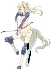 Rule 34 | 1girl, animal ears, arrow (projectile), blonde hair, bow (weapon), breasts, centaur, crop top, drawing bow, flat chest, highres, holding, holding bow (weapon), holding weapon, horse ears, midriff, monster girl, navel, ponytail, red eyes, solo, taur, ume (datsuryokugen), underboob, weapon
