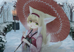 Rule 34 | 1girl, absurdres, animal ear fluff, animal ears, arknights, blonde hair, coin purse, colored tips, commentary, eufi (eufyhouse), flower, fox ears, fox girl, fox shadow puppet, fox tail, green eyes, hair flower, hair ornament, hairband, highres, japanese clothes, kimono, kitsune, kyuubi, long sleeves, looking at viewer, multicolored hair, multiple tails, obi, official alternate costume, oil-paper umbrella, open mouth, outdoors, pink kimono, pinwheel, red hairband, red umbrella, sash, snow, solo, suzuran (arknights), suzuran (yukibare) (arknights), tail, two-tone hair, umbrella, upper body, white hair, wide sleeves, winter, yagasuri