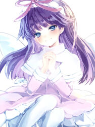 Rule 34 | 1girl, angel wings, blue eyes, blush, bow, dress, feli (puyopuyo), long hair, looking at viewer, own hands together, pink bow, purple eyes, puyopuyo, simple background, smile, solo, white background, white dress, white feli, white wings, wings, yosaki (shoki1white)