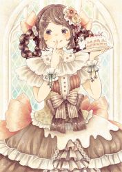 Rule 34 | 1girl, :q, arched window, blush, bow, brown eyes, brown hair, cake, collar, double bun, dress, finger to mouth, flower, food, frilled dress, frilled wrist cuffs, frills, hair bun, hair flower, hair ornament, hairclip, momochy, original, ribbon, sleeveless, solo, sparkle, stained glass, striped ribbon, tongue, tongue out, trefoil, white wrist cuffs, window, wrist cuffs