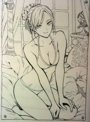 Rule 34 | 1girl, bikini, breasts, character request, cleavage, earrings, flower, hair flower, hair ornament, indoors, jewelry, kneeling, lineart, monochrome, murata yuusuke, on bed, short hair, solo, swimsuit, v arms