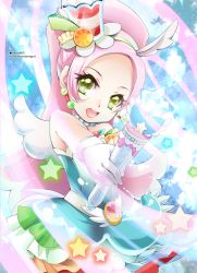 Rule 34 | 1girl, :d, artist name, bare shoulders, commentary request, cure parfait, dress, earrings, eyelashes, gradient background, green eyes, hair ornament, jewelry, kirahoshi ciel, kirakira precure a la mode, long hair, looking at viewer, magical girl, open mouth, pink hair, precure, room603, smile, solo, standing, wand