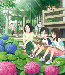 2girls 4boys black_hair blue_flower calico_cat cat clothes_writing cover cover_page drawing_board flower glasses highres holding holding_pencil hydrangea multiple_boys multiple_girls original pencil pencil_case pink_flower shoes shrine sitting snail sneakers taka_(tsmix) teacher_and_student torii tree