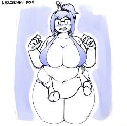 Rule 34 | 1girl, belly, belly grab, bikini, blush, breasts, disembodied hand, fat, glasses, hair bun, hair ornament, huge breasts, lazorchef, medium hair, mei (overwatch), monochrome, plump, single hair bun, solo, swimsuit, thick thighs, thighs, wide hips