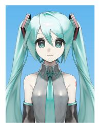 1girl aqua_eyes aqua_hair aqua_necktie bare_shoulders blue_background commentary detached_sleeves gouyadaifuku grey_shirt hatsune_miku highres long_hair necktie portrait shirt shoulder_tattoo simple_background solo tattoo twintails vocaloid