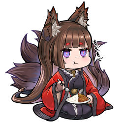 Rule 34 | 1girl, :t, amagi (azur lane), animal ears, azur lane, blunt bangs, brown gloves, brown hair, commentary request, curry, curry rice, eating, eyeshadow, fingerless gloves, food, fox ears, fox girl, fox tail, gloves, holding, holding spoon, japanese clothes, kitsune, kyuubi, long hair, looking at viewer, makeup, multiple tails, plate, purple eyes, rice, sassa (onion), seiza, sidelocks, simple background, sitting, solo, spoon, tail, thick eyebrows, translated, white background, wide sleeves