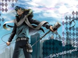 Rule 34 | 1boy, blue eyes, blue hair, casual, cityscape, earphones, hood, hooded jacket, jacket, kaito (vocaloid), male focus, matching hair/eyes, microphone, microphone stand, scarf, sky, solo, soukaikei non, vintage microphone, vocaloid, wind