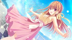 Rule 34 | 1girl, :d, bare arms, blue sky, blush, braid, brown hair, crown braid, da capo iv, day, dutch angle, floating hair, game cg, hair between eyes, hair ribbon, jewelry, long hair, long skirt, necklace, non-web source, open mouth, oumi sorane, outdoors, outstretched arms, pink skirt, pleated skirt, red eyes, ribbon, shirt, skirt, sky, sleeveless, sleeveless shirt, smile, solo, standing, sunlight, very long hair, yellow ribbon, yellow shirt