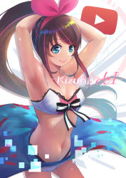 Rule 34 | 1girl, absurdres, adapted costume, armpits, arms behind head, arms up, bikini, bikini top only, blue eyes, bow, breasts, brown hair, character name, cleavage, closed mouth, cowboy shot, hair bow, hairband, heart, highres, jun wei, k@gur@, kizuna ai, kizuna ai inc., lace, lace-trimmed bikini, lace trim, long hair, looking at viewer, medium breasts, multicolored hair, navel, pink bow, pink hair, play button, ponytail, sarong, sidelocks, smile, solo, streaked hair, swept bangs, swimsuit, very long hair, virtual youtuber, white bikini, youtube