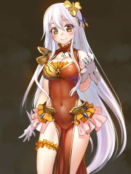 Rule 34 | 1girl, alstroemeria (flower knight girl), china dress, chinese clothes, covered navel, cowboy shot, dress, flower knight girl, frills, gloves, hair ornament, long hair, looking at viewer, sasayuki, smile, solo, thighlet, white gloves, white hair, yellow eyes