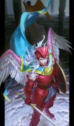 Rule 34 | 1boy, angel, angel wings, armor, belt, camael, chainmail, colored sclera, colored skin, commentary request, feathered wings, green eyes, helmet, highres, holding, holding shield, holding sword, holding weapon, long hair, male focus, o c x, pillar, red armor, shield, shin megami tensei, shoulder armor, solo, sword, weapon, white hair, white wings, wings