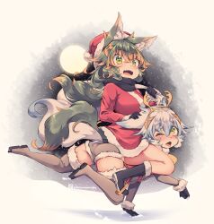 Rule 34 | 2girls, ahoge, all fours, animal costume, animal ear fluff, animal ears, antlers, black gloves, blue hair, blush, boots, breasts, christmas, fake antlers, fang, fur trim, gloves, green eyes, green hair, hat, holding, holding sack, horns, horseback riding, kuromiya, kuromiya raika (kuromiya), large breasts, long hair, looking at viewer, multicolored hair, multiple girls, one eye closed, open mouth, original, pony play, red headwear, reindeer antlers, reindeer costume, riding, sack, santa boots, santa costume, santa hat, shiromiya asuka (kuromiya), short hair, shorts, tail, thighhighs, tongue, tongue out, two-tone hair
