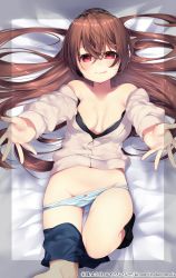 Rule 34 | 1girl, :q, ahoge, bad id, bad twitter id, black socks, bow, bow panties, breasts, brown hair, headphones, highres, leg up, long hair, looking at viewer, lying, miyakura shiiha, navel, on back, outstretched arms, outstretched hand, panties, panty pull, red eyes, small breasts, socks, solo, striped clothes, striped panties, sweat, tongue, tongue out, underwear