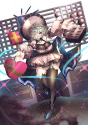 Rule 34 | 1girl, absurdres, aonori00, blue eyes, box, breasts, candy, chocolate, cleavage, food, gift, gift box, hat, highres, large breasts, merlin prismriver, one eye closed, open arms, pantyhose, short hair, solo, thighhighs, touhou, valentine