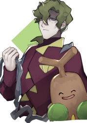 Rule 34 | 1boy, ^ ^, brassius (pokemon), closed eyes, closed mouth, creatures (company), cropped torso, game freak, gen 2 pokemon, green background, green hair, grey eyes, hair between eyes, hand up, highres, holding, holding whip, jacket, long sleeves, looking at viewer, male focus, nintendo, no eyebrows, open mouth, pokemon, pokemon (creature), pokemon sv, red jacket, seinikuten, short hair, smile, spiked hair, sudowoodo, turtleneck, turtleneck jacket, twitter username, vine whip, white background