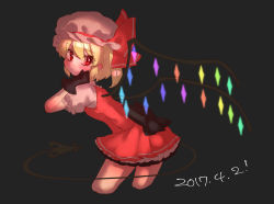 Rule 34 | 1girl, absurdres, bent over, black background, black gloves, blonde hair, crystal, dark, dated, dress, flandre scarlet, gloves, glowing, hat, hat ribbon, highres, laevatein, looking at viewer, looking back, masanaga (tsukasa), mob cap, puffy sleeves, red dress, red eyes, ribbon, short hair, short sleeves, side ponytail, solo, touhou, wings