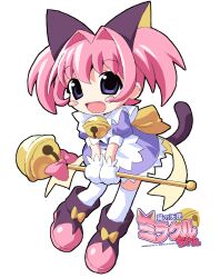 Rule 34 | 1girl, animal ears, bell, blush stickers, boots, bow, cat ears, cat girl, cat tail, colinarmis, commentary, dress, full body, highres, holding, holding scepter, jingle bell, logo, miracle-chan, neck bell, open mouth, original, pink hair, purple dress, purple eyes, scepter, short dress, smile, solo, tail, twintails, yellow bow