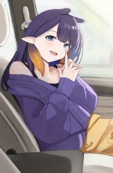 Rule 34 | 1girl, blue eyes, car, highres, hololive, hololive english, indoors, ku roiko, long hair, long sleeves, looking at viewer, motor vehicle, ninomae ina&#039;nis, open mouth, own hands together, pointy ears, pov, purple eyes, sitting, smile, sweater, tank top, virtual youtuber