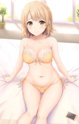 Rule 34 | 1girl, bed, bed sheet, blonde hair, blush, bra, cellphone, collarbone, commentary request, dot nose, feet out of frame, flower, green eyes, highres, inanaki shiki, indoors, isshiki iroha, looking at viewer, navel, panties, phone, ribbon, short hair, side-tie panties, sitting, smartphone, smile, solo, underwear, underwear only, window, yahari ore no seishun lovecome wa machigatteiru., yellow bra, yellow panties, yellow ribbon