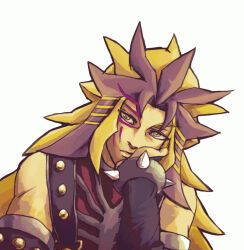 Rule 34 | 1boy, blonde hair, bracelet, dyed bangs, facial mark, hachiko (wakadanna789), hand on own face, jacket, jewelry, long hair, male focus, paradox (yu-gi-oh!), simple background, solo, spiked bracelet, spiked hair, spikes, studded jacket, upper body, white background, yellow eyes, yu-gi-oh!, yu-gi-oh! 3d bonds beyond time