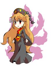 Rule 34 | 1girl, belt, black eyes, bow, bowtie, breasts, chibi, chinese clothes, clip studio paint (medium), crescent, dairi, dress, energy, full body, grey belt, grey dress, grey hat, hair between eyes, hat, junko (touhou), long hair, long sleeves, looking to the side, medium breasts, open mouth, orange hair, phoenix crown, pom pom (clothes), red eyes, simple background, solo, standing, tabard, tachi-e, touhou, transparent background, white background, wide sleeves, yellow bow, yellow bowtie