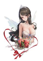 Rule 34 | 1girl, bare shoulders, blush, bouquet, breasts, brown hair, cleavage, commentary, cropped torso, dress, english commentary, flower, haneame, happy birthday, highres, holding, holding bouquet, large breasts, long hair, looking at viewer, real life, signature, smile, solo, strapless, strapless dress, tiara, upper body, very long hair, white dress, white wings, wings, xi xeong