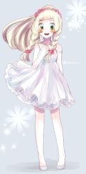 Rule 34 | 1girl, artist request, bare shoulders, blonde hair, blunt bangs, blush, braid, creatures (company), dress, flower, flower on head, full body, game freak, green eyes, grey background, hair flower, hair ornament, hand on own chest, highres, lillie (pokemon), long hair, looking at viewer, nintendo, open mouth, pokemon, pokemon sm, ponytail, simple background, skirt, sleeveless, slippers, solo, standing, strap slip, twin braids, white dress