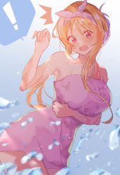 Rule 34 | !, 1girl, ^^^, absurdres, alice zuberg, arito arayuru, arm under breasts, bare arms, bare shoulders, blue background, blush, breasts, commentary request, cowboy shot, gradient background, hairband, hand up, highres, large breasts, looking at viewer, naked towel, open mouth, orange hair, pink hairband, purple eyes, short hair with long locks, sidelocks, solo, speech bubble, spoken exclamation mark, sword art online, sword art online: alicization, towel, water drop, wet