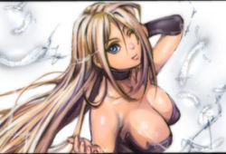 Rule 34 | 00s, blonde hair, blue eyes, breasts, capcom, choker, cleavage, devil may cry (series), feathers, long hair, looking up, lowres, taro (artist), trish (devil may cry), wink