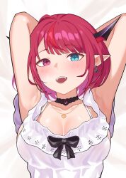 Rule 34 | 1girl, absurdres, armpits, arms behind head, black choker, blush, breasts, choker, cleavage, collarbone, dress, earrings, fangs, frilled dress, frills, heterochromia, highres, hololive, hololive english, horns, irys (casualrys) (hololive), irys (hololive), jewelry, large breasts, looking at viewer, lying, multicolored hair, necklace, official alternate costume, on back, open mouth, pointy ears, red hair, shift (shiftillust), short hair, short sleeves, solo, two-tone hair, upper body, virtual youtuber, white dress