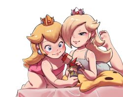 Rule 34 | 2girls, bare arms, bare shoulders, barefoot, blonde hair, blublush, blue eyes, child, closed mouth, collarbone, crown, earrings, feet, hair over one eye, highres, jewelry, leotard, long hair, mario (series), multiple girls, nintendo, one-piece swimsuit, pink one-piece swimsuit, princess peach, rosalina, sidelocks, simple background, smile, soles, stuffed animal, stuffed toy, super mario bros. 1, super mario galaxy, swimsuit, toes, white background, aged down