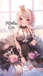 Rule 34 | 1girl, absurdres, bare shoulders, black dress, blonde hair, blurry, blurry background, blush, breasts, cleavage, commission, crown, depth of field, dress, feet out of frame, flower, frilled dress, frills, grin, hand up, highres, looking at viewer, medium breasts, mini crown, original, pink flower, pink rose, pongu, red eyes, rose, sleeveless, sleeveless dress, smile, solo, tilted headwear, window