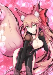 Rule 34 | 1girl, absurdres, animal ears, black bodysuit, bodysuit, bow, breasts, cleavage, collarbone, fate/grand order, fate (series), fox ears, fox tail, glasses, hair bow, highres, koyanskaya (fate), large breasts, long hair, looking at viewer, nepsuka (hachisuka), pink hair, pink ribbon, ribbon, side ponytail, smile, solo, tail, tamamo (fate), tongue, very long hair, yellow eyes