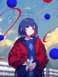 Rule 34 | 1girl, absurdres, blue hair, braid, building, cloud, colored inner hair, earrings, flower, graffy boring, hand in pocket, highres, holding, holding flower, hood, hooded jacket, jacket, jewelry, kamitsubaki studio, lily (flower), looking at viewer, multicolored eyes, multicolored hair, open clothes, open jacket, orb, outdoors, parted lips, red hair, red jacket, rim (kamitsubaki studio), short hair, side braid, sky, solo, two-tone hair, virtual youtuber, yellow pupils
