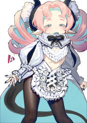 Rule 34 | 1girl, absurdres, apron, black pantyhose, black ribbon, blue eyes, blue hair, blue nails, blush, check copyright, clothing cutout, collar, copyright request, dress, drill hair, fang, flat chest, frilled apron, frilled collar, frills, hair ornament, heart cutout, highres, horns, juliet sleeves, long hair, long sleeves, multicolored hair, neck ribbon, open mouth, original, pantyhose, pink hair, pointy ears, puffy sleeves, redauto, revealing clothes, ribbon, sketch, skin fang, smile, solo, tail, twin drills, two-tone hair, white apron