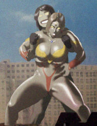 Rule 34 | 2girls, armor, bikini armor, black hair, blank eyes, boots, breasts, brooch, building, choker, cleavage, clenched teeth, colored skin, curvy, earrings, facial mark, film grain, full nelson, giant, giantess, gluteal fold, grey hair, grey skin, headpiece, highleg, highres, jewelry, large breasts, lipstick, makeup, monster, mousou tokusatsu series ultramadam, multiple girls, muscular, muscular female, nappii (nappy happy), parody, photo background, restrained, shiny skin, short hair, stance, teeth, thick thighs, thighs, ultra series, ultramadam, white eyes, wrestling, yellow eyes