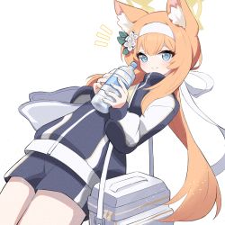 Rule 34 | 1girl, alternate hairstyle, animal ear fluff, animal ears, bag, blue archive, blue eyes, blue jacket, blue shorts, blush, bottle, cat ears, closed jacket, cowboy shot, flower, gym uniform, hair flower, hair ornament, hairband, halo, highres, holding, holding bottle, jacket, long hair, long sleeves, looking at viewer, low ponytail, mari (blue archive), mari (track) (blue archive), multicolored clothes, multicolored jacket, official alternate costume, orange hair, sasanoha (sasanoha0712), short shorts, shorts, smile, solo, sportswear, standing, tail, towel, track jacket, two-tone jacket, water bottle, white background, white hairband