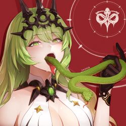 Rule 34 | 1girl, artist name, black gloves, blonde hair, breasts, cleavage, commentary request, fangs, forked tongue, gloves, gradient hair, green eyes, green hair, hair between eyes, highres, honkai (series), honkai impact 3rd, long hair, long tongue, looking at viewer, matching hair/eyes, mobius (honkai impact), multicolored hair, red background, saliva, slit pupils, snake, solo, tongue, tongue out, upper body, y0ung