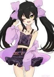 Rule 34 | 1girl, ahoge, arm between legs, artist name, bare legs, bare shoulders, belt, belt buckle, black hair, black skirt, black tank top, blush, bow, breasts, buckle, child, cleavage, collared jacket, dot nose, english text, eyelashes, feet out of frame, fingernails, flat chest, hair between eyes, hair bow, hand up, head tilt, heart, heart necklace, highres, idol, idolmaster, idolmaster cinderella girls, idolmaster cinderella girls starlight stage, jacket, jewelry, light blush, long bangs, long hair, long sleeves, matoba risa, midriff, miniskirt, multicolored clothes, multicolored skirt, multicolored tank top, multiple hair bows, necklace, off shoulder, official alternate costume, one eye closed, purple bow, purple jacket, roccamoya, sidelocks, signature, skirt, smile, standing, straight-on, straight hair, striped clothes, striped skirt, striped tank top, tank top, thighs, tongue, twintails, white background, yellow eyes