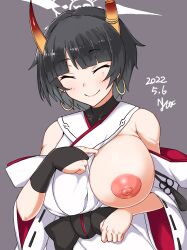 Rule 34 | 1girl, absurdres, bare shoulders, black hair, blue archive, blunt bangs, breasts, closed eyes, closed mouth, detached sleeves, earrings, fingerless gloves, food, gloves, highres, hoop earrings, horns, japanese clothes, jewelry, kimono, large breasts, mole, mole under eye, nipples, nishiumi yuuta, niya (blue archive), one breast out, oni horns, onigiri, short hair, single fingerless glove, sleeveless, sleeveless kimono, smile, solo, white kimono