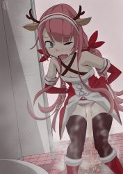 Rule 34 | 1girl, absurdres, alternate costume, animal ears, arms behind back, artist name, bare shoulders, bathroom, black thighhighs, blush, boots, breasts, cleavage, clothes lift, collarbone, dated, deer ears, dress, dutch angle, embarrassed, fake animal ears, fake antlers, female focus, flat chest, gluteal fold, green eyes, hair ribbon, hairband, have to pee, highres, indoors, kantai collection, kawakaze (kancolle), lifted by self, long hair, miniskirt, musou bw, nose blush, one eye closed, open mouth, panties, peeing, peeing self, pink hair, puddle, red dress, red footwear, red panties, red ribbon, red skirt, ribbon, skirt, skirt lift, solo, standing, steam, sweat, tears, textless version, thighhighs, toilet, trembling, twintails, twitter username, underwear, very long hair, wet, wet clothes, wet panties, white hairband, wince