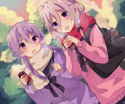 Rule 34 | 2girls, :d, bag, black bow, black sailor collar, blush, bow, braid, can, cardigan, commentary request, dutch angle, grey hair, hair between eyes, hair bow, hair ornament, highres, holding, holding can, ia (vocaloid), long hair, long sleeves, multiple girls, open mouth, outdoors, pink sweater, purple cardigan, purple eyes, purple hair, sailor collar, school bag, school uniform, serafuku, sleeves past wrists, smile, sweater, twin braids, twintails, vocaloid, voiceroid, yuruno, yuzuki yukari
