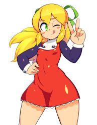 Rule 34 | 1girl, ;q, blonde hair, blush stickers, breasts, covered navel, cowboy shot, dress, fingernails, floating hair, green eyes, green ribbon, hair between eyes, hair ribbon, hand on own stomach, hand up, legs apart, long hair, long sleeves, looking at viewer, mega man (classic), mega man (series), nisetanaka, one eye closed, ponytail, red dress, ribbon, roll (mega man), shiny clothes, shiny skin, short dress, sidelocks, simple background, small breasts, smile, solo, standing, thick thighs, thighs, tongue, tongue out, v, white background, wink