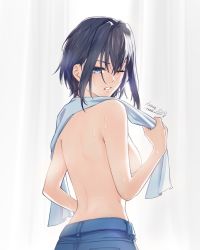 Rule 34 | 1girl, black hair, blue eyes, breasts, denim, from behind, hair intakes, hololive, hololive english, jeans, kazenoisumi, looking at viewer, looking back, one eye closed, ouro kronii, pants, short hair, sideboob, sweat, topless, towel, towel around neck, virtual youtuber