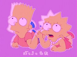 Rule 34 | 1boy, 1girl, bare arms, bare shoulders, bart simpson, blonde hair, blue footwear, blue shorts, brother and sister, colored skin, dress, expectant, holding hands, interlocked fingers, jewelry, kurwa perkele, lisa simpson, lying, necklace, off-shoulder dress, off shoulder, on stomach, open mouth, pearl necklace, pink background, pixel art, red dress, red footwear, red shirt, sandals, shirt, shoes, short sleeves, shorts, siblings, sleeveless, sleeveless dress, sneakers, spiked hair, strapless, strapless dress, the simpsons, tube dress, yellow skin
