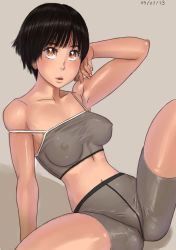 Rule 34 | 1girl, arm up, armpits, ayumu (zenkou), bike shorts, black hair, bra, breasts, brown eyes, camisole, covered erect nipples, dated, fang, grey background, leaning back, looking at viewer, medium breasts, midriff, navel, orange eyes, original, parted lips, pout, see-through, shiny skin, short hair, simple background, skin tight, skindentation, solo, spread legs, strap slip, tank top, underwear, zenkou