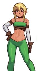 Rule 34 | 1girl, absurdres, arm at side, bare shoulders, black choker, blonde hair, breasts, brown gloves, brown hair, choker, elbow gloves, elf, elfheim, gloves, green pants, hair between eyes, hand on own hip, highres, looking at viewer, midriff, navel, nil sunna, pants, pointy ears, sidelocks, simple background, sketch, small breasts, smile, solo, strapless, sunna (nilsunna), tube top, white background, white gloves
