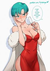 Rule 34 | 1girl, absurdres, bare shoulders, blue eyes, blue hair, blush, breasts, bulma, champagne flute, cleavage, cup, dragon ball, dragonball z, dress, drinking glass, drunk, earrings, english text, female focus, highres, holding, holding cup, hydedrogen, jewelry, matching hair/eyes, medium breasts, nail polish, patreon username, red dress, red nails, short hair, solo, speech bubble, watermark, web address