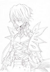 Rule 34 | 1boy, belt, bodysuit, choker, collar, creed graphite, closed eyes, frills, highres, monochrome, short hair, tales of (series), tales of hearts
